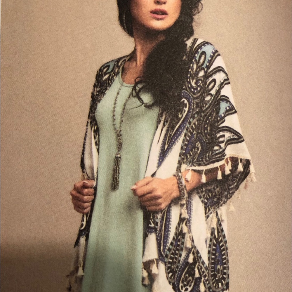 Fringed Kimono Turquoise Black Cream Nav Lightweight Layering Piece NEW